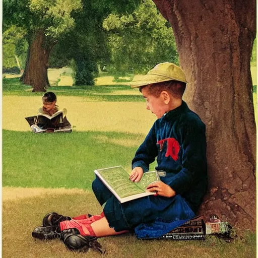 Image similar to a young boy reading a book about atoms sat in a public park, a sense of awe, warm dappled light, trees, in the style of norman rockwell