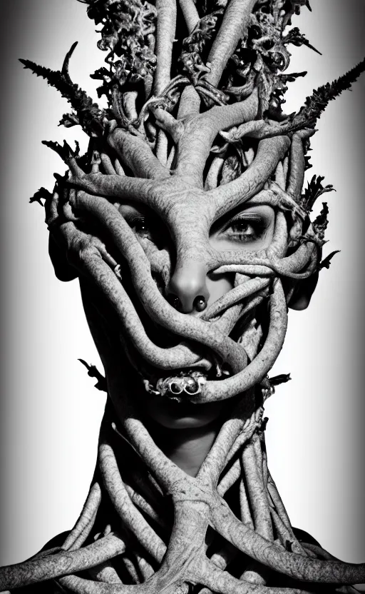 Image similar to a black and white high quality photo of a young beautiful female queen-vegetal-dragon-cyborg bust with a very long neck and Mandelbrot fractal face, Mandelbrot fractal skin, flesh, anatomical, facial muscles, veins, arteries, elegant, highly detailed, flesh highly baroque ornate, hair are wired cables, elegant, high fashion, rim light, octane render, in the style of Cindy Sherman, Realistic, Refined, Digital Art, Highly Detailed, Cinematic Lighting, rim light, black and white, photo-realistic, 8K