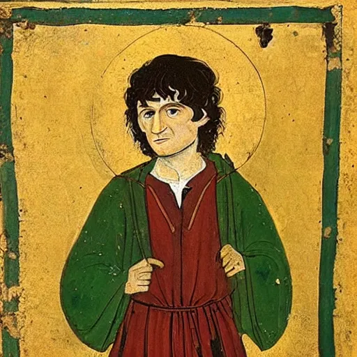 Prompt: 1 5 th century painting depicting frodo baggins, located in hajibektash complex