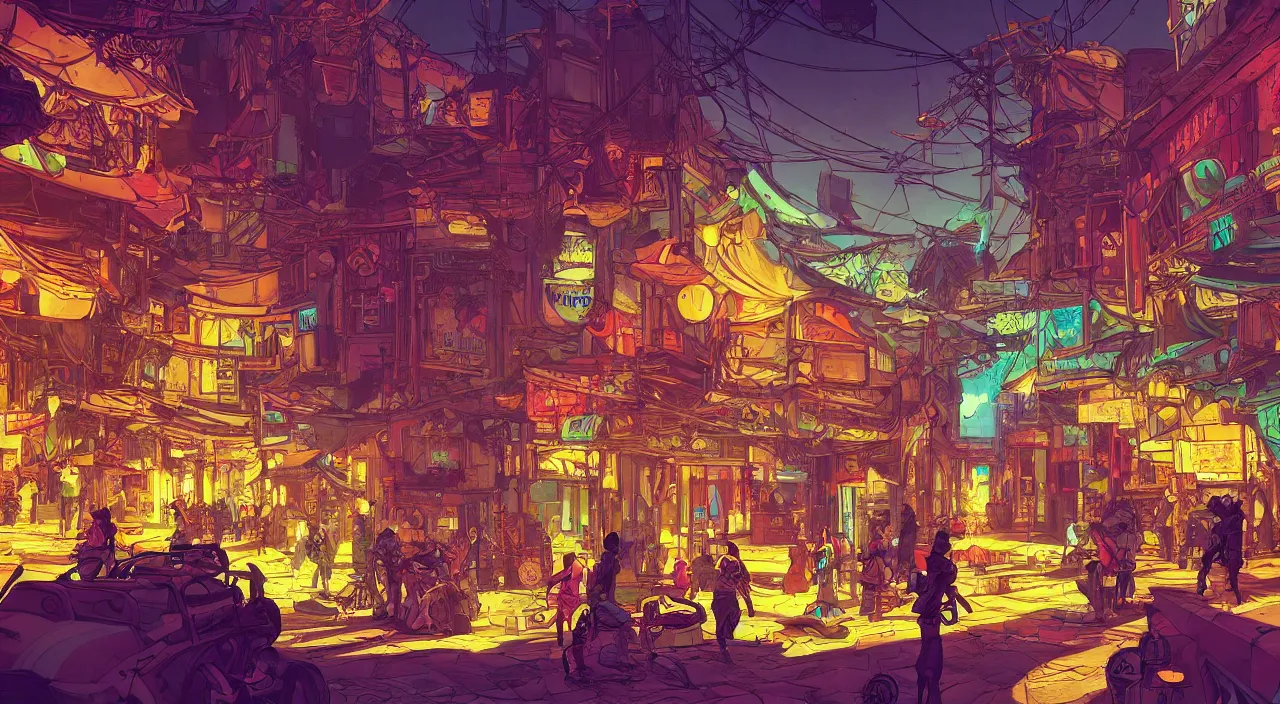 Image similar to bazaar zouk oriantal full color sky shine place mosquet painting stylized digital illustration video game icon global illumination ray tracing that looks like it is from borderlands and by feng zhu and loish and laurie greasley, victo ngai, andreas rocha, john harris