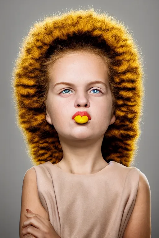 Image similar to studio portrait of girl that looks excactly like lisa simpson, lookalike, spitting image, as if lisa simpson came to life, soft light, black background, fine details, close - up, award winning photo by morten krogvold