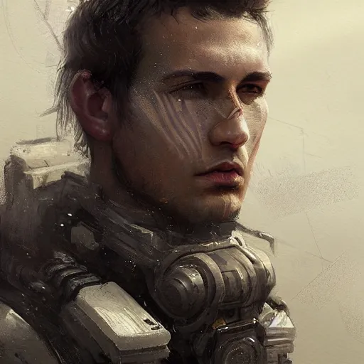 Image similar to Portrait of a man by Greg Rutkowski, he is about 20 years old, mixture turkish and russian, short dark blonde hair with bangs, attractive, angry but resigned look, he is wearing a futuristic tactical gear, highly detailed portrait, scifi, digital painting, artstation, concept art, smooth, sharp foccus ilustration, Artstation HQ.