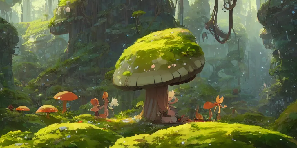 Prompt: elven mushrooms houses, moss, lianna, jungles, by cory loftis & akihiko yoshida & james gilleard & atey ghailan & makoto shinkai & goro fujita & studio ghibli, rim light, exquisite lighting, clear focus, magic atmosphere, very coherent, plain background, soft painting