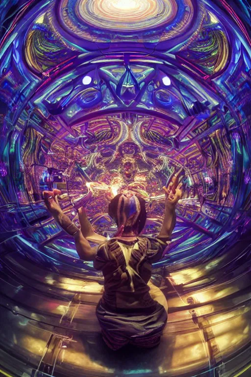 Image similar to a fisheye lens photo of a futuristic tribal dj tweaking and playing synthesizers in the most complicated and technical spiral fractal musical studio, powerful, cinematic, beautifully lit, by donato giancola, by artgerm, by karol bak, 3 d, perfect face and body, trending on artstation, octane render, 8 k