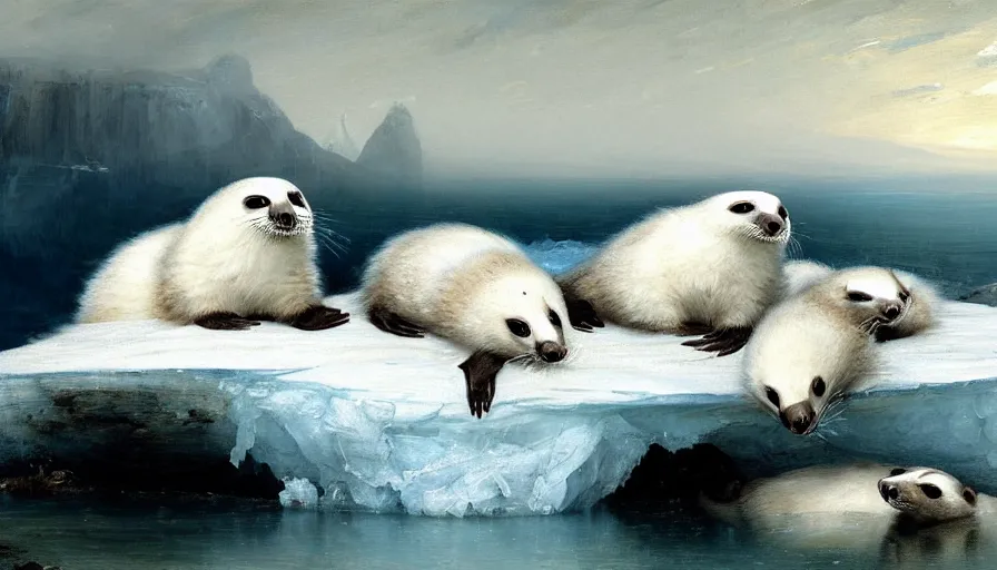 Prompt: highly detailed painting of cute furry white baby seal badgers cuddling into each other on a blue and white iceberg by william turner, by greg rutkowski, by william constable, thick brush strokes and visible paint layers, 4 k resolution