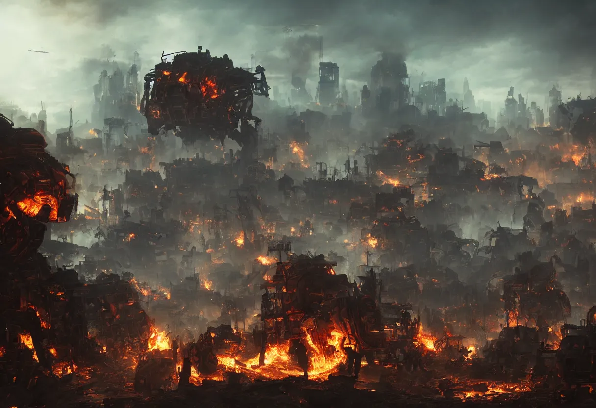 Prompt: creepy war robots crushing human shadows, burning city in background, apocalyptic, cinematic lighting, atmospheric, hyper realism, realistic, octane render, dramatic lighting, highly detailed, cinematic, art by rubens and rembrandt