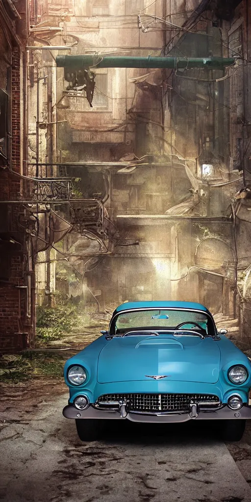 Image similar to a wholesome animation key shot of a focused old 1955 Ford Thunderbird car parked in an abandoned alleyway, medium shot, waist up, studio Ghibli, Pixar and Disney animation, sharp, very detailed, high resolution, Rendered in Unreal Engine 5, anime key art by Greg Rutkowski, Bloom, dramatic lighting