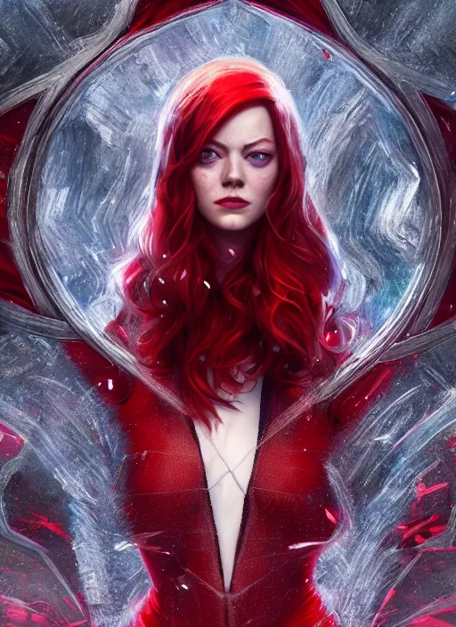 Prompt: portrait of emma stone as the scarlet witch, hyper detailed, digital art, cinematic lighting, studio quality, smooth render, unreal engine 5, octane rendered, art style by klimt and nixeu and ian sprigger and krenz cushart.