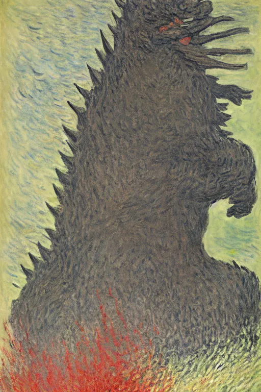 Prompt: portrait of shinzo abe as Godzilla painting by claude monet