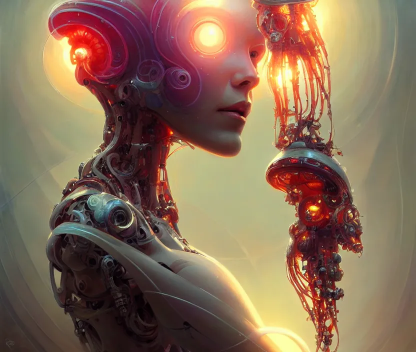 Image similar to Cyborg biomechanical jellyfish, sci-fi, highly detailed, digital painting, artstation, concept art, smooth, sharp focus, illustration, art by artgerm and greg rutkowski and alphonse mucha