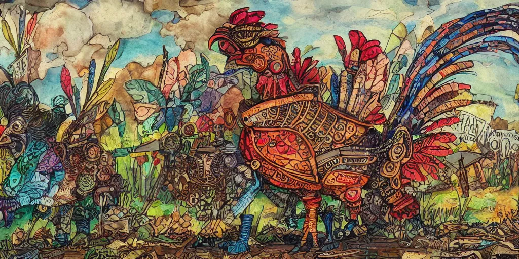 Prompt: colorful illustration of a fully armoured mechanical rooster in a farm landscape, steampunk, mix of styles, hand painted, hand drawn, sharp focus