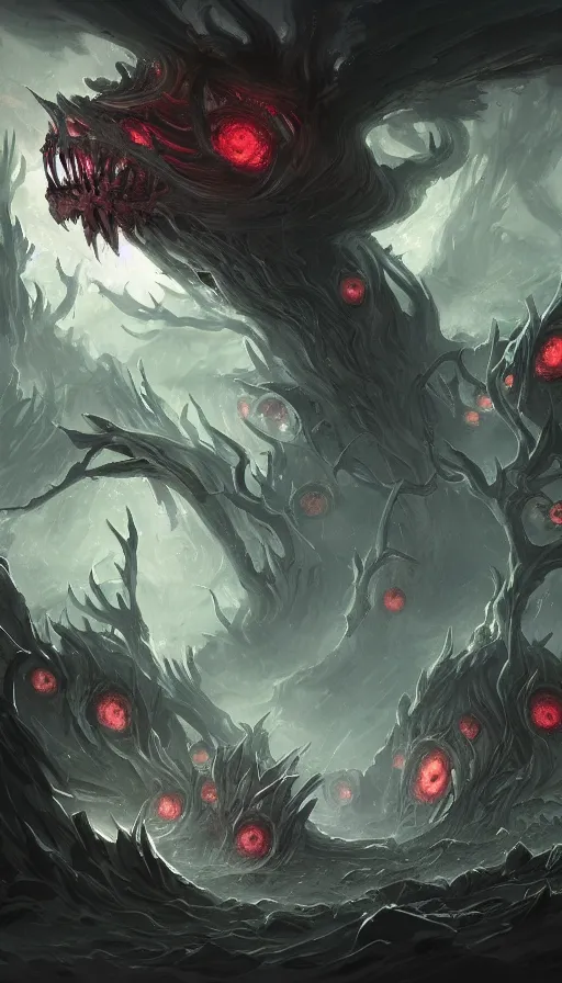 Image similar to a storm vortex made of many demonic eyes and teeth over a forest, by league of legends concept artists