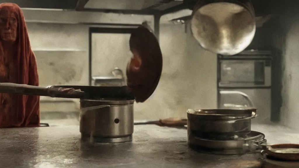 Prompt: a strange creature cooks at a stove, film still from the movie directed by Denis Villeneuve with art direction by Zdzisław Beksiński, close up, telephoto lens, shallow depth of field