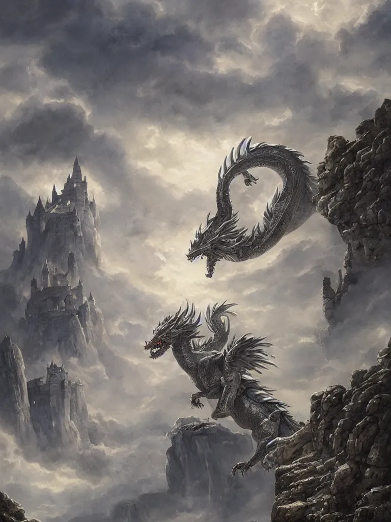 Image similar to A beautiful, highly detailed watercolor painting of a majestic Ancient Silver Dragon flying through the clouds over a huge stone castle with a giant wooden and iron door, by Greg Rutkowski