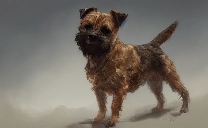 Image similar to A painting of a Border Terrier trending on artstation in the style of Greg Rutkowski