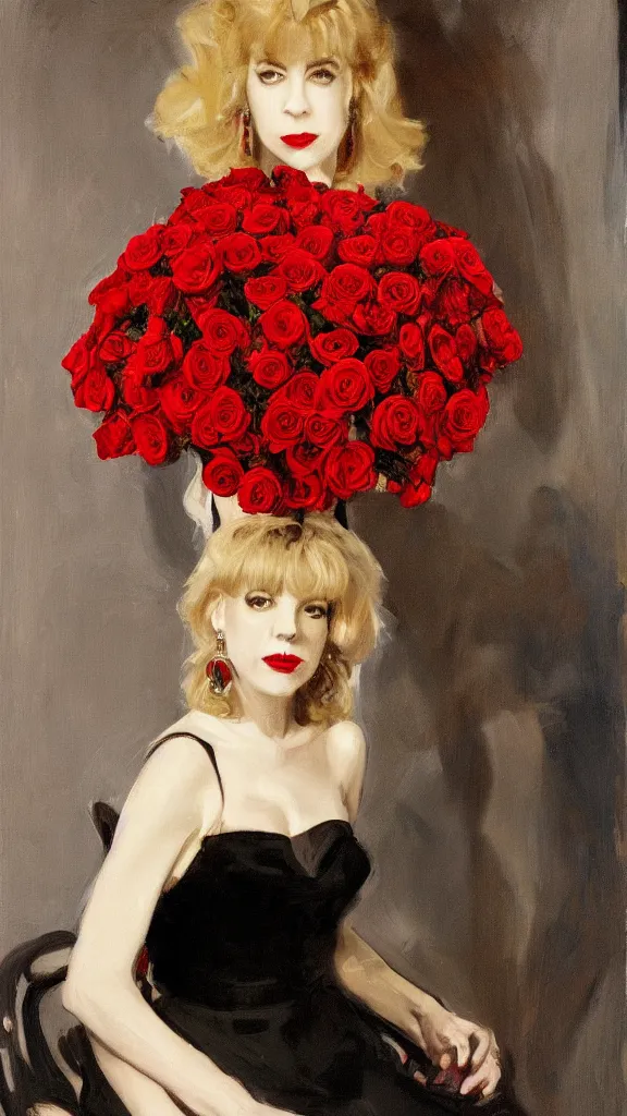 Image similar to portrait of julee cruise in lynch pattern, big persian detailed pot of red roses, blue and red lights painted by john singer sargent