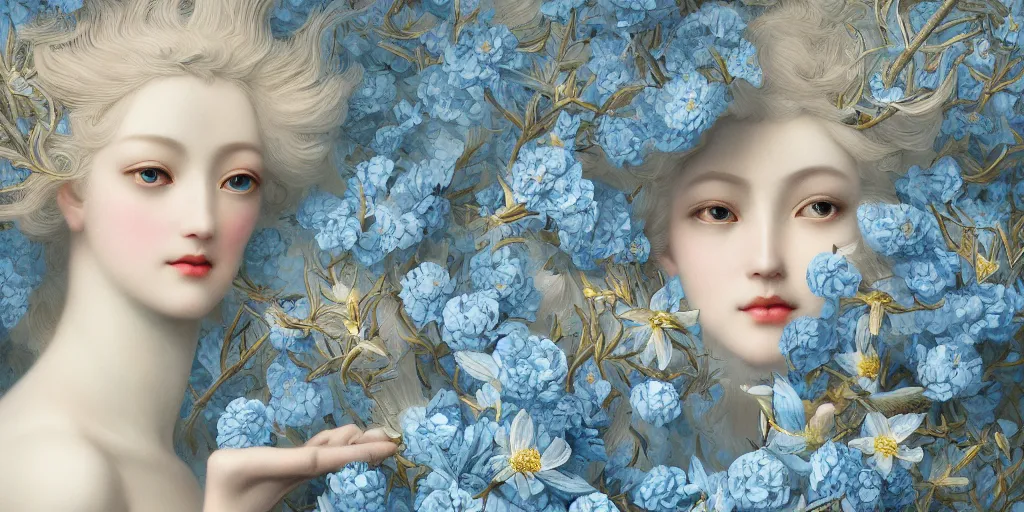 Image similar to breathtaking detailed concept art painting art deco pattern of blonde faces goddesses amalmation light - blue flowers with anxious piercing eyes and blend of flowers and birds, by hsiao - ron cheng and john james audubon, bizarre compositions, exquisite detail, extremely moody lighting, 8 k