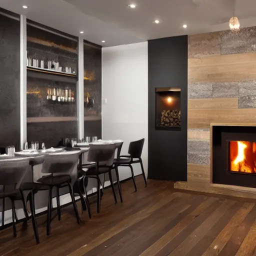 Prompt: modern interior design of a bistro with open fireplace, 28mm