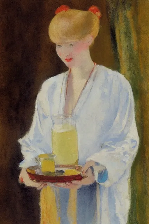 Prompt: portrait of a young woman with blonde hair, wearing a kaftan, drinking milk, by charles hawthorne