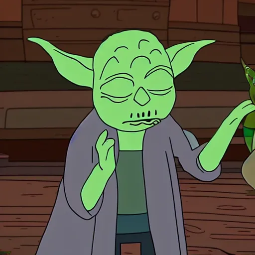 Prompt: yoda as a rick and morty character fighting rick because why not