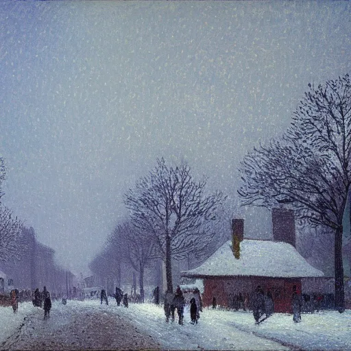 Image similar to A painting of a village during a snow storm, streets, pedestrians, Camille Pissarro, (((unreal engine)))