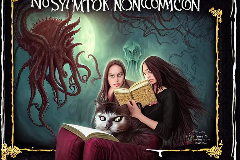 Image similar to romantic photo of bright girl, her cat and her book of necronomicon, symmetrical, cinematic, real dlsr photography, sharp focus, 4 k, ultra hd, sense of awe, sinister demonic atmosphere, dreadful, forbidden knowledge, old gods, cthulhu, yog - sothoth! yah, yah, yah! cultist journal cover