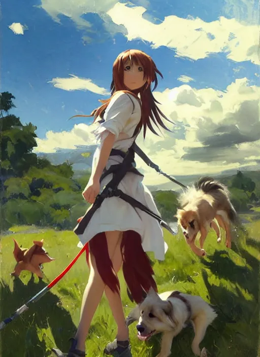 Prompt: Greg Manchess painting of Asuna Yuuki from SAO in casual wear out playing with the dogs, countryside, fantasy character portrait, dynamic pose, above view, sunny day, thunder clouds in the sky, artwork by Jeremy Lipkin and Giuseppe Dangelico Pino and Michael Garmash and Rob Rey, very coherent asymmetrical artwork, sharp edges, perfect face, simple form, wacky, 100mm