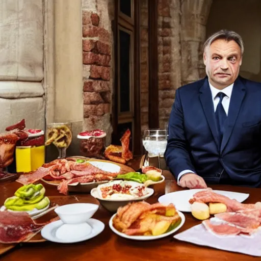 Image similar to portrait of viktor orban proudly sitting behind a table full of bacon