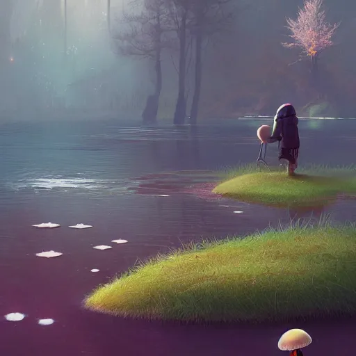 Image similar to a beautiful lake with cute little mushrooms growing around it, by roman shipunov, etienne hebinger, atey ghailan, cgsociety, cynical realism, fantasy art, 2 d game art