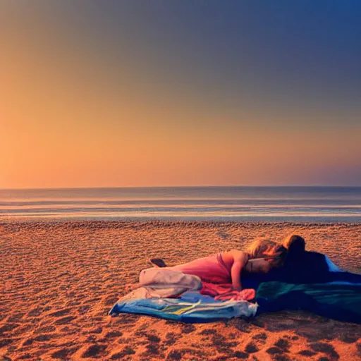 Image similar to beautiful hyperdetailed photograph of jennifer lawrence and jennifer lawrence taking a nap at the beach, golden hour, soft focus, 8 k, portra 4 0 0