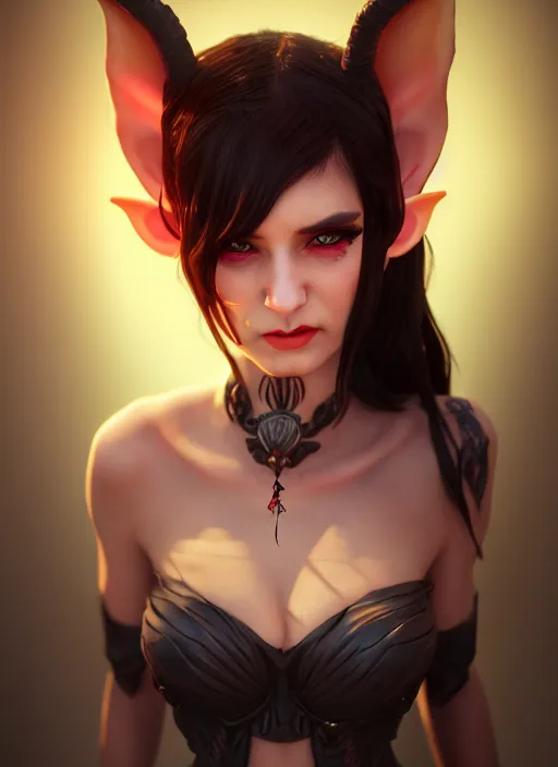 Image similar to imp demon goddess, cute elf ears, strapless dress, character portrait in the style of thomas river and artgerm, cinematic lighting, hyperdetailed, 8 k realistic, symmetrical, global illumination, radiant light,, frostbite 3 engine, cryengine, dof, trending on artstation, digital art, chanel