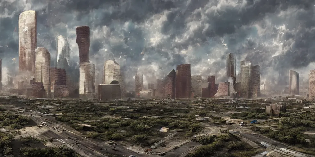 Image similar to Post apocalyptic houston texas matte painting concept art 4k