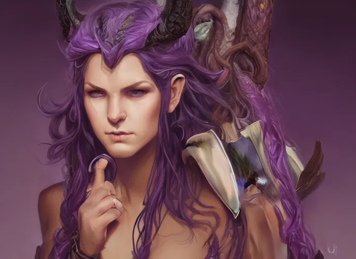 Image similar to Attractive Tiefling Druid, She has light brown skin, dark purple hair, and silver eyes full body, dungeons and dragons portrait, highly detailed, digital painting, artstation, concept art, sharp focus, illustration, art by artgerm and greg rutkowski and alphonse mucha