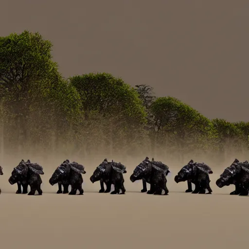 Image similar to an line of armored bears facing a line of cyber-bulls, magical forest, fantasy, Ireland, England, king Arthur, Lord of the rings, cinematic, realistic style, beautiful, majestic, dramatic lighting, early morning, dawn CGsociety, realistic, hyper maximalist, golden ratio, octane render, rule of thirds, wide shot , 8k resolution, epic volumetric light, cinematography, concept art, Artstation trending, environments, fantasy