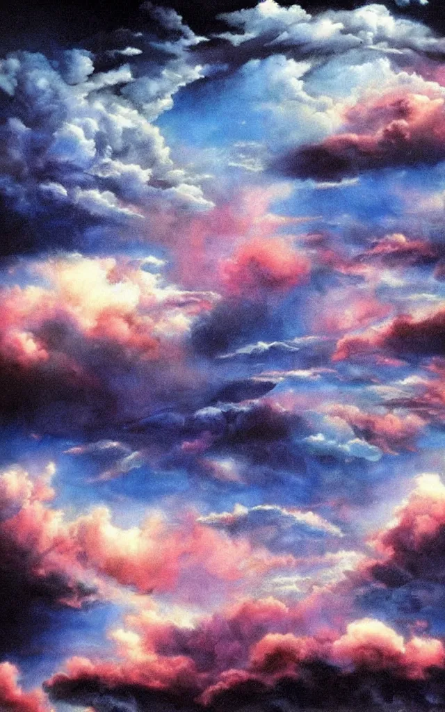Image similar to 80s airbrushed sky with dramatic clouds black background, airbrush fantasy, masterpiece