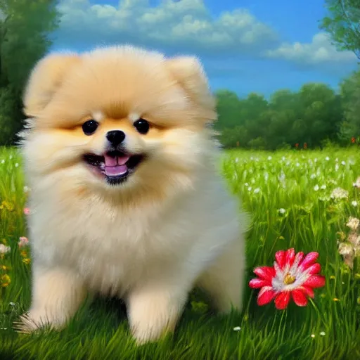 Prompt: cute fluffy pomeranian puppy sitting in flower meadow landscape detailed painting 4 k