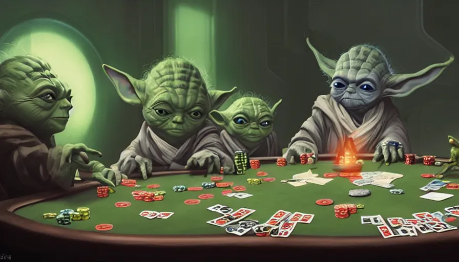 Image similar to Yoda playing poker with twi'leks at coruscant, rave, medium shot, details, sharp focus, illustration, by Jordan Grimmer and greg rutkowski, Trending artstation, pixiv, digital Art