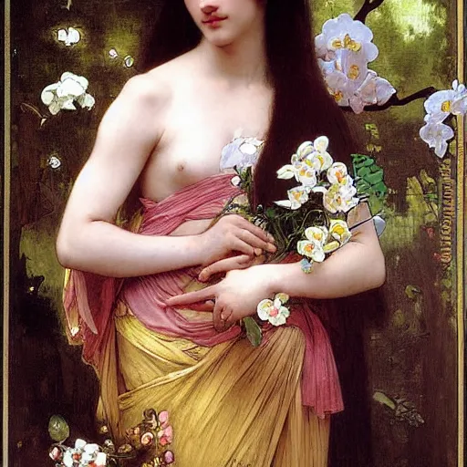 Image similar to art nouveou style painting of Phalaenopsis orchids, high detail by francis mucha, John William Waterhouse, William-Adolphe Bouguereau