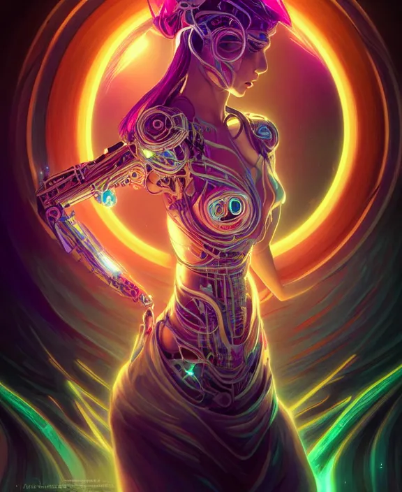 Image similar to a whirlwind of souls rushing inside the metaverse, half body, glowin eyes, tiara, pharaoh, android, cyborg, cyberpunk face, by loish, d & d, fantasy, intricate, elegant, highly detailed, colorful, vivid color, digital painting, artstation, concept art, art by artgerm and greg rutkowski and alphonse mucha