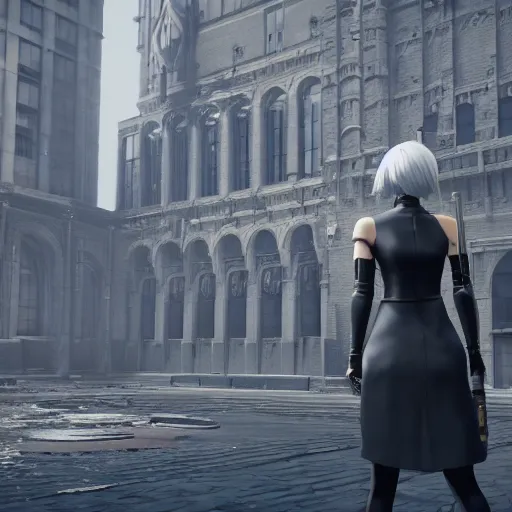 Image similar to 2B nier automata standing in front of a large building, detailed, artstation, concept art, Unreal Engine 5 render, 8K