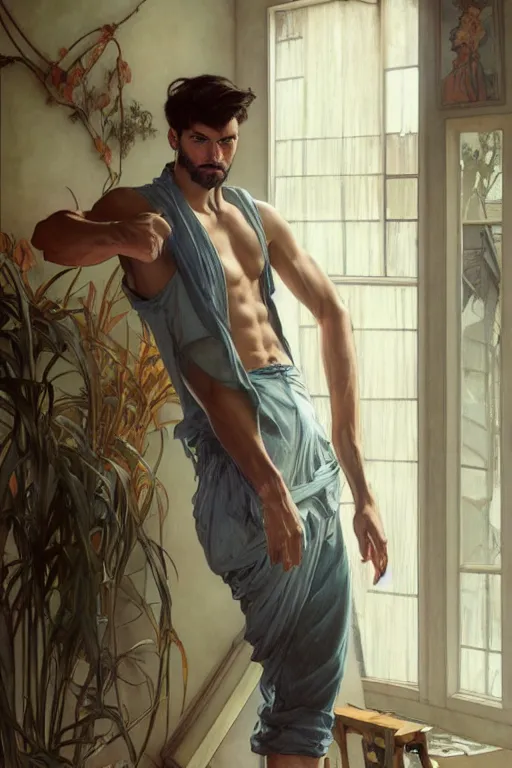 Prompt: full body portrait of a single beautiful young fit man, modern haircut, open shirt, large pants, bare feet, by greg rutkowski and alphonse mucha, d & d character, in front of a modern room background, highly detailed portrait, digital painting, artstation, concept art, smooth, sharp focus ilustration, artstation hq