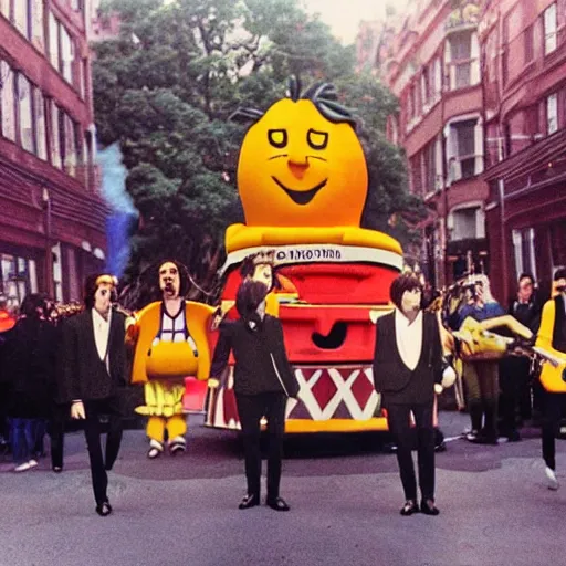 Image similar to the beatles performing yellow submarine on the street