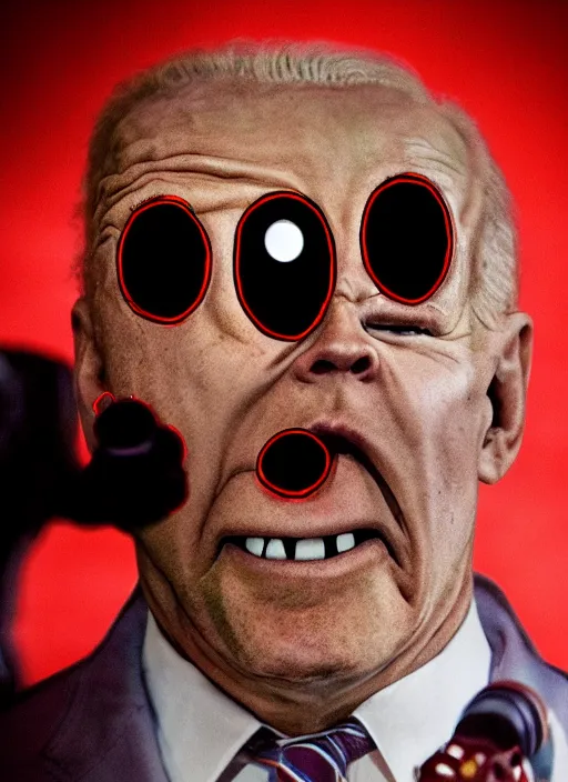 Prompt: hyper realistic ultra realistic terror photo Doom horror furious glowing red eyes biden