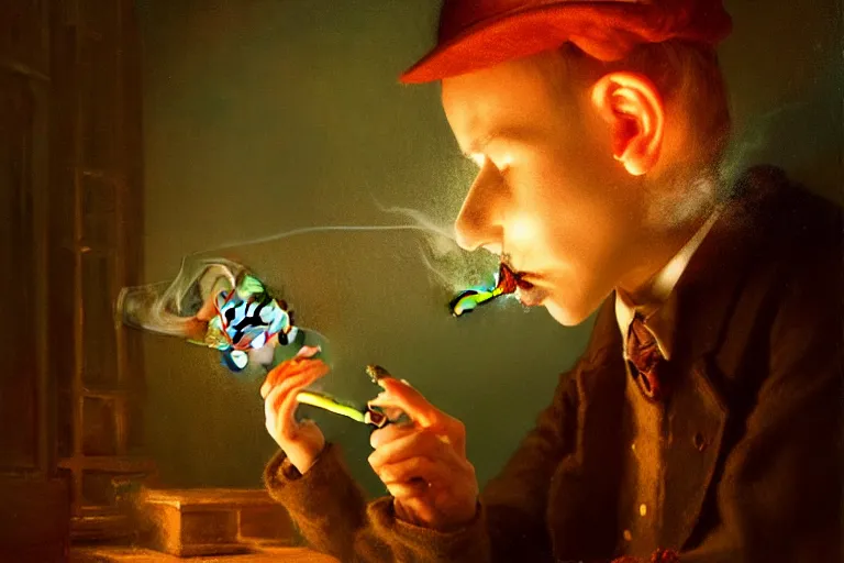 Image similar to a mouse is smoking cigar in a gothic atelier, oil painting, detailed, colorful, glowing lighting, 4 k, dimly lit, in the style of yanjung chen and tom bagshaw,