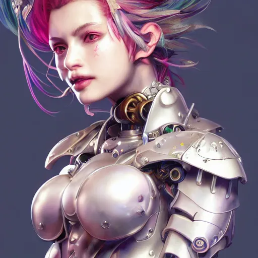 Image similar to studio portrait of lawful good colorful female holy mecha paladin absurdly beautiful, elegant, young sensual graceful woman, ultrafine hyperrealistic detailed face illustration by kim jung gi, irakli nadar, intricate linework, sharp focus, bright colors, matte, octopath traveler, final fantasy, unreal engine highly rendered, global illumination, radiant light, intricate environment