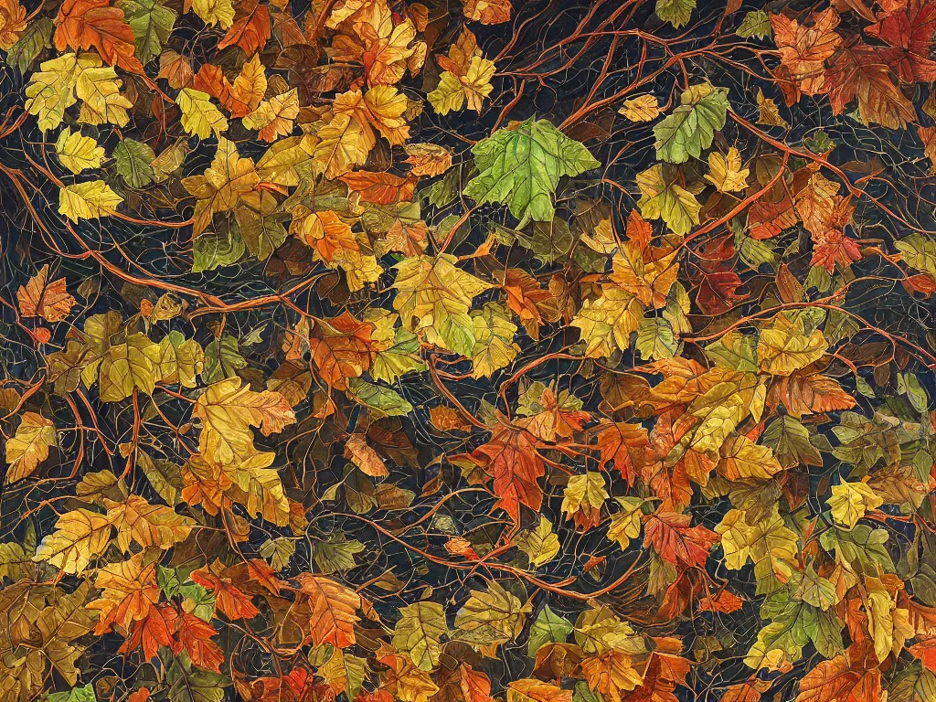 Image similar to a chaotic windy tornado of autumn leaves, intricate details, aesthetically pleasing and harmonious natural colors, art by tiffany bozic, impressionism, detailed, dark