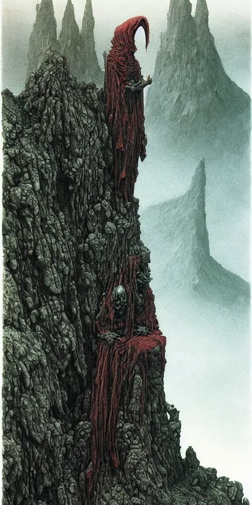 Image similar to A detailed lonley enormous alien sock stands among the mountains. Wearing a ripped mantle, robe. Perfect face, extremely high details, realistic, fantasy art, solo, masterpiece, art by Zdzisław Beksiński, Arthur Rackham, Dariusz Zawadzki