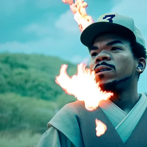 Image similar to cinematic film still of Chance The Rapper starring as a Samurai holding fire, Japanese CGI, VFX, 2022, 40mm lens, shallow depth of field, film photography