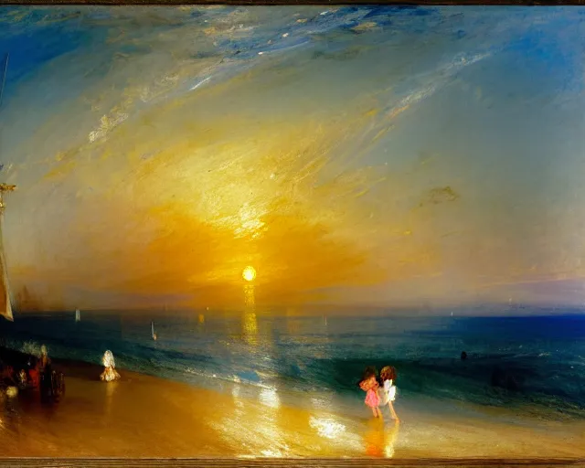 Image similar to a couple and a girl toddler on a beach in sardinia looking at the sunset, there is a sailing boat on the horizon, the woman has long dark hair, white sand, blue sky, summer, white and blue, painting by j. m. w. turner in 2 0 2 2