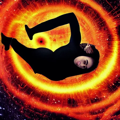 Image similar to woman falling through a black hole into hell facing all her enemies